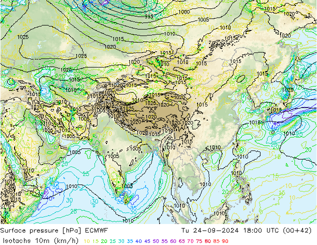 Isotachs (kph) ECMWF Tu 24.09.2024 18 UTC