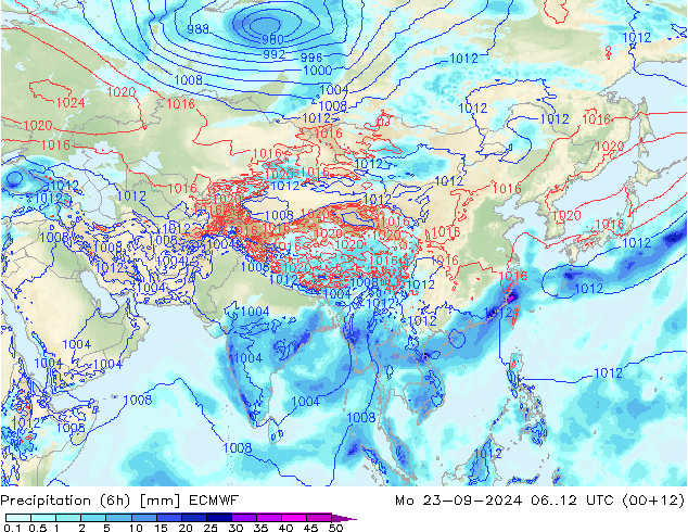 Precipitation (6h) ECMWF Mo 23.09.2024 12 UTC