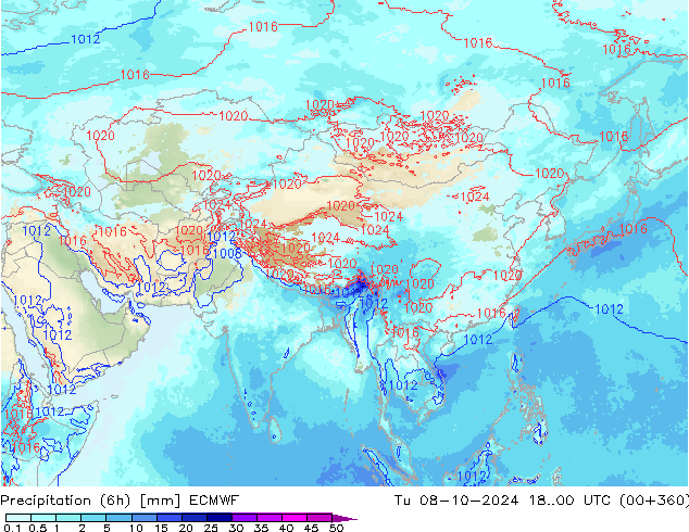 Precipitation (6h) ECMWF Út 08.10.2024 00 UTC