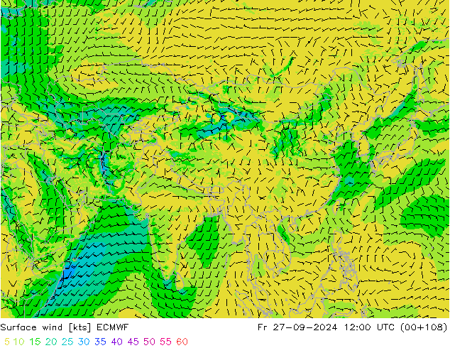 Rüzgar 10 m ECMWF Cu 27.09.2024 12 UTC