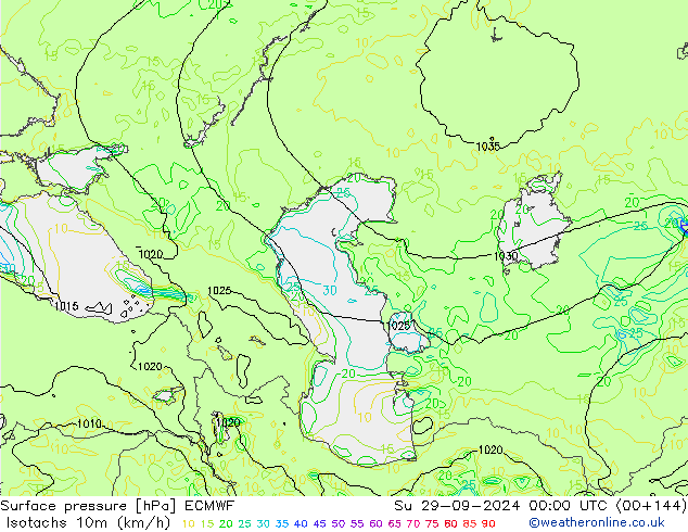 Isotachs (kph) ECMWF Su 29.09.2024 00 UTC