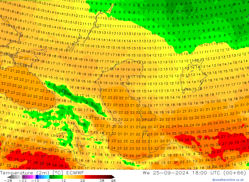 Temperatura (2m) ECMWF Qua 25.09.2024 18 UTC