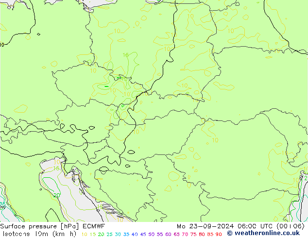 Izotacha (km/godz) ECMWF pon. 23.09.2024 06 UTC