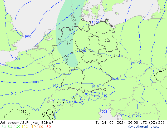 Jet stream/SLP ECMWF Út 24.09.2024 06 UTC