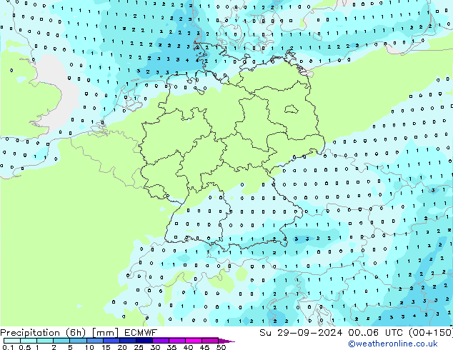 Totale neerslag (6h) ECMWF zo 29.09.2024 06 UTC