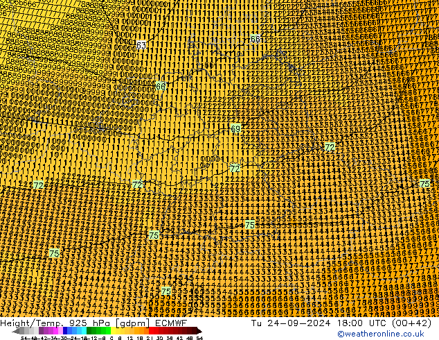 Height/Temp. 925 hPa ECMWF wto. 24.09.2024 18 UTC