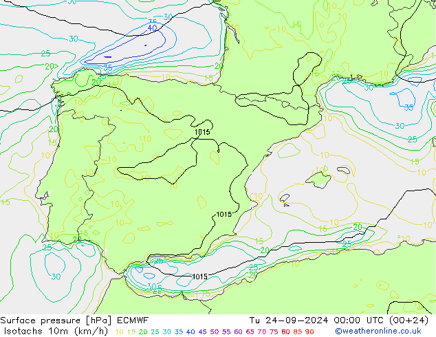 Isotachs (kph) ECMWF Ter 24.09.2024 00 UTC