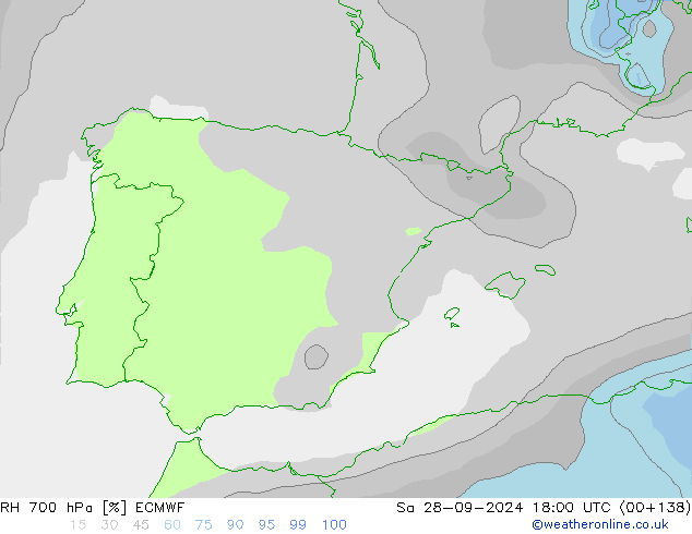 Humidité rel. 700 hPa ECMWF sam 28.09.2024 18 UTC