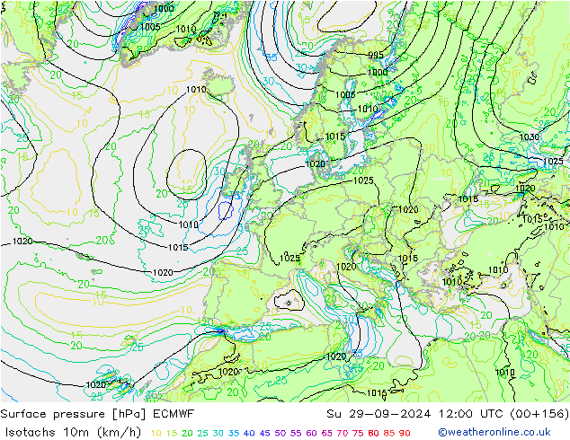 Isotachen (km/h) ECMWF zo 29.09.2024 12 UTC