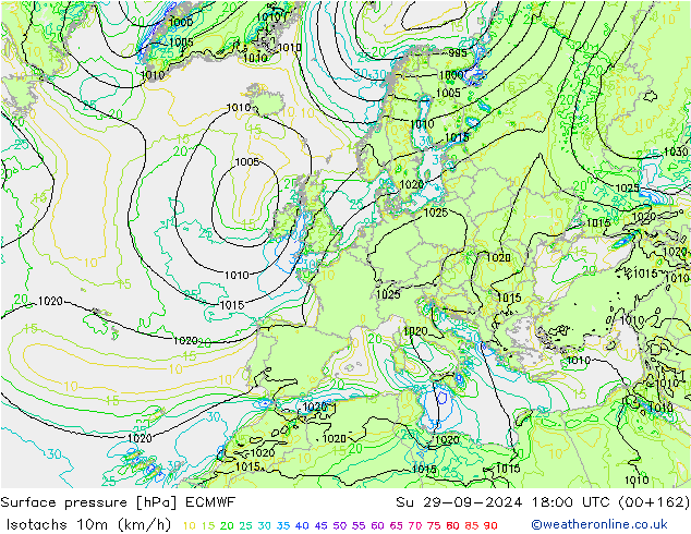 Isotachs (kph) ECMWF dom 29.09.2024 18 UTC