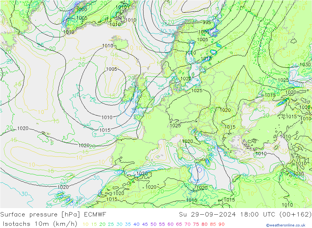 Isotachs (kph) ECMWF dom 29.09.2024 18 UTC