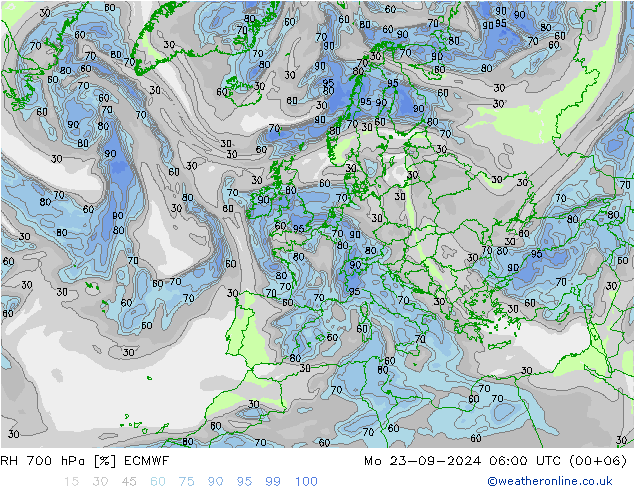 RH 700 hPa ECMWF lun 23.09.2024 06 UTC