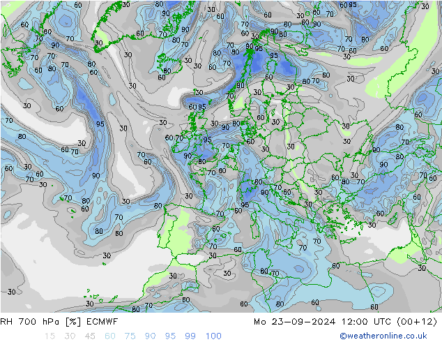 Humedad rel. 700hPa ECMWF lun 23.09.2024 12 UTC