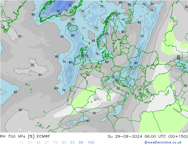 RH 700 hPa ECMWF Su 29.09.2024 06 UTC