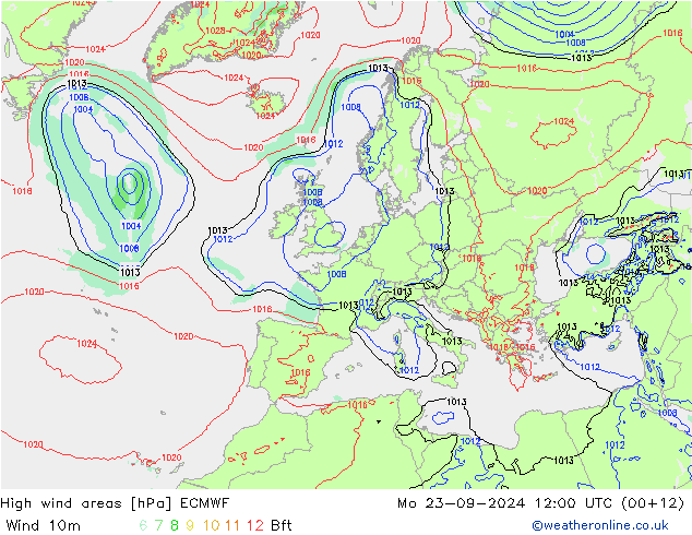 High wind areas ECMWF Mo 23.09.2024 12 UTC