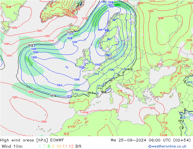 High wind areas ECMWF We 25.09.2024 06 UTC