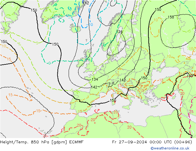 Hoogte/Temp. 850 hPa ECMWF vr 27.09.2024 00 UTC