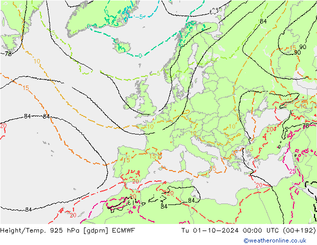 Height/Temp. 925 hPa ECMWF wto. 01.10.2024 00 UTC