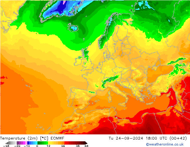 mapa temperatury (2m) ECMWF wto. 24.09.2024 18 UTC