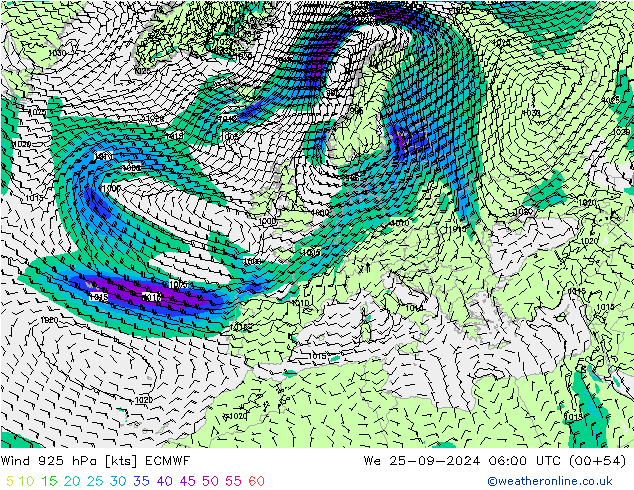 wiatr 925 hPa ECMWF śro. 25.09.2024 06 UTC