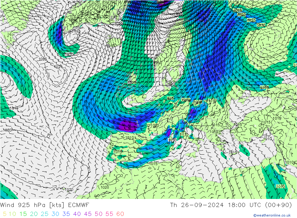 Wind 925 hPa ECMWF Th 26.09.2024 18 UTC