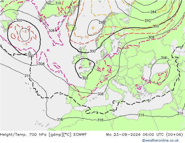 Height/Temp. 700 hPa ECMWF Mo 23.09.2024 06 UTC