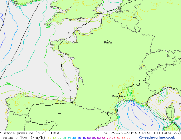 Eşrüzgar Hızları (km/sa) ECMWF Paz 29.09.2024 06 UTC