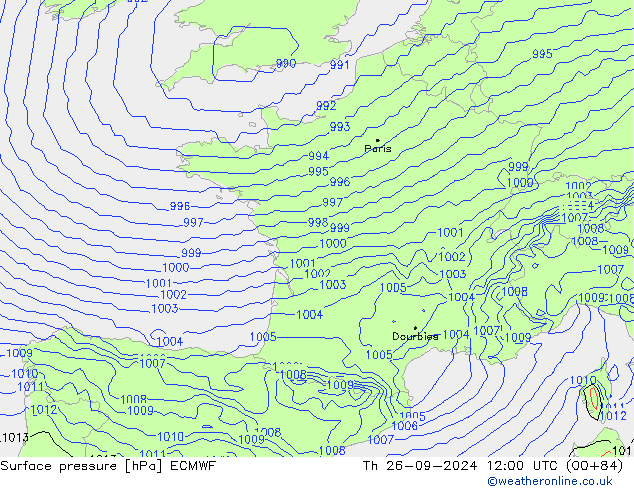 Surface pressure ECMWF Th 26.09.2024 12 UTC