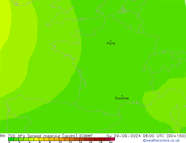 RH 700 hPa Spread ECMWF nie. 29.09.2024 06 UTC