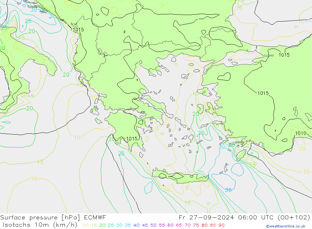 Eşrüzgar Hızları (km/sa) ECMWF Cu 27.09.2024 06 UTC