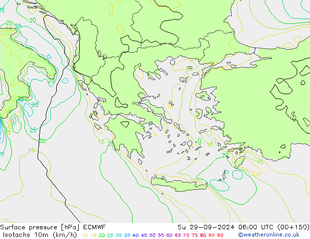 Isotachs (kph) ECMWF Su 29.09.2024 06 UTC