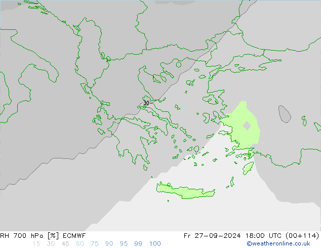 RH 700 hPa ECMWF Fr 27.09.2024 18 UTC