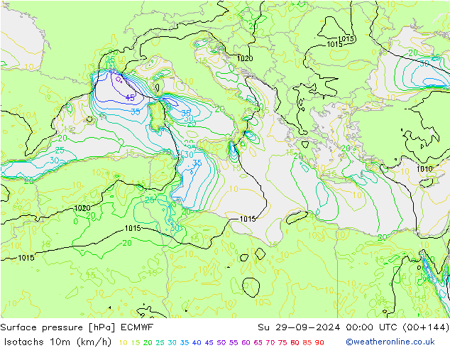 Isotachs (kph) ECMWF Su 29.09.2024 00 UTC