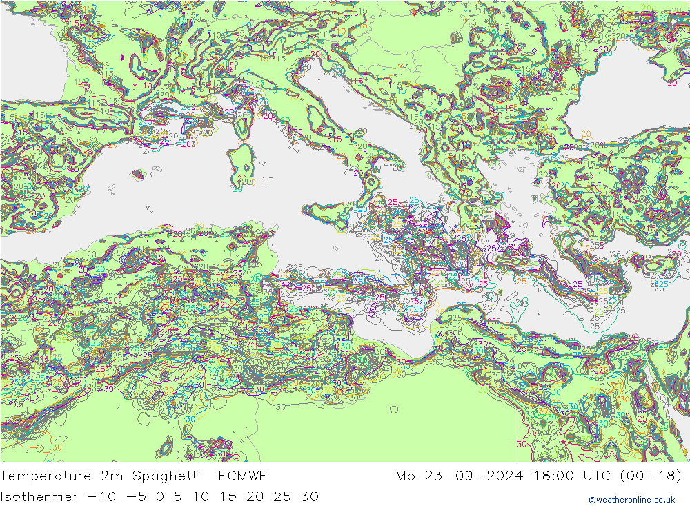 Temperature 2m Spaghetti ECMWF Mo 23.09.2024 18 UTC