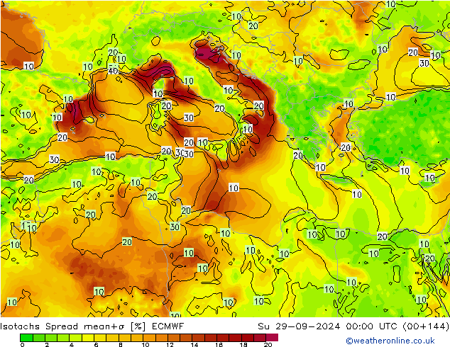 Izotacha Spread ECMWF nie. 29.09.2024 00 UTC