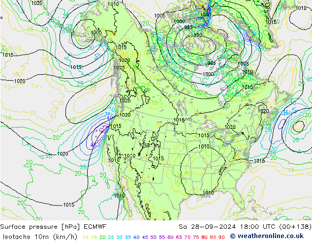 Isotachen (km/h) ECMWF za 28.09.2024 18 UTC