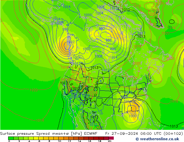 Luchtdruk op zeeniveau Spread ECMWF vr 27.09.2024 06 UTC