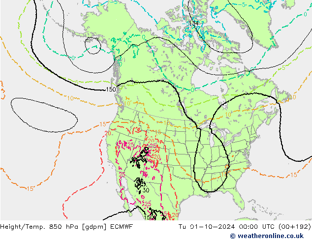 Height/Temp. 850 hPa ECMWF Út 01.10.2024 00 UTC