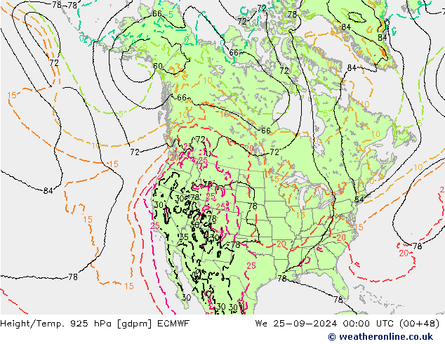 Height/Temp. 925 hPa ECMWF We 25.09.2024 00 UTC