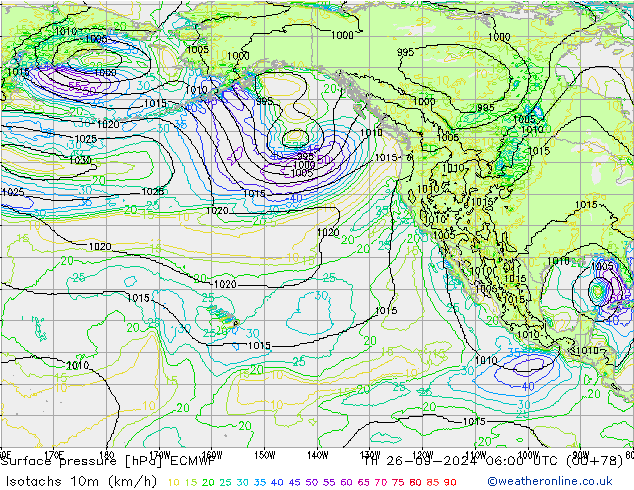 Isotachs (kph) ECMWF Th 26.09.2024 06 UTC