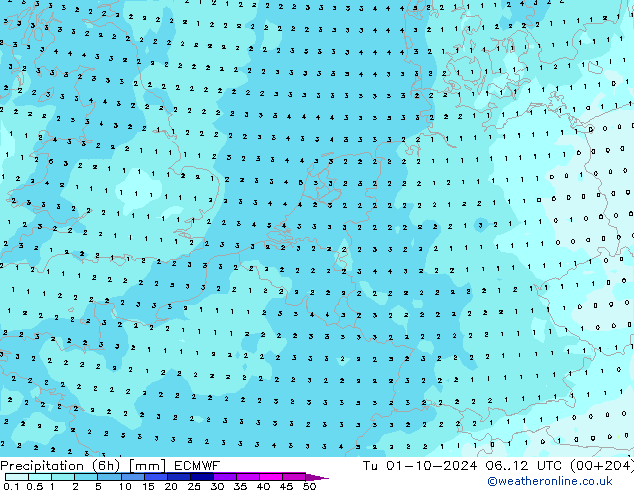 Precipitation (6h) ECMWF Tu 01.10.2024 12 UTC