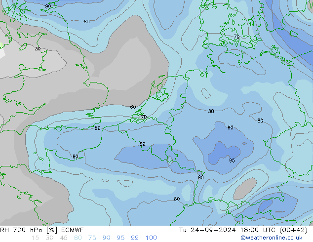 RH 700 hPa ECMWF Tu 24.09.2024 18 UTC