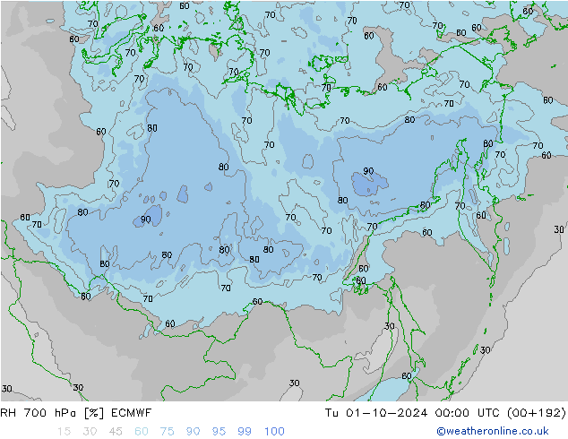 RH 700 hPa ECMWF  01.10.2024 00 UTC