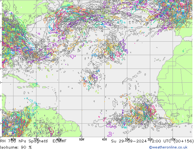 RH 700 hPa Spaghetti ECMWF Su 29.09.2024 12 UTC