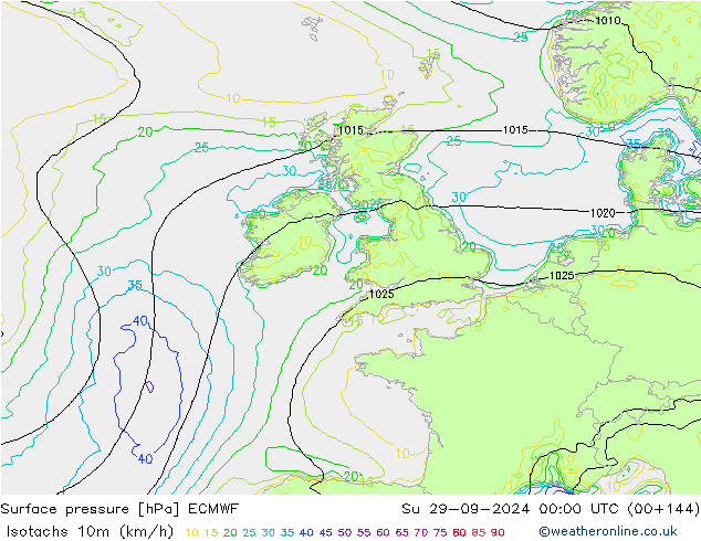 Isotachs (kph) ECMWF Dom 29.09.2024 00 UTC