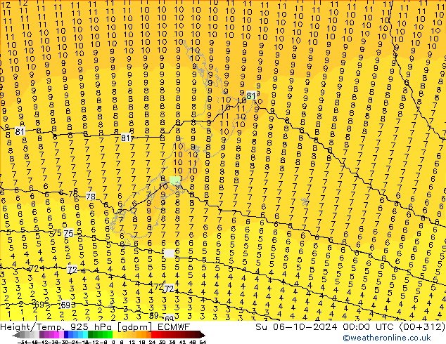 Height/Temp. 925 hPa ECMWF nie. 06.10.2024 00 UTC