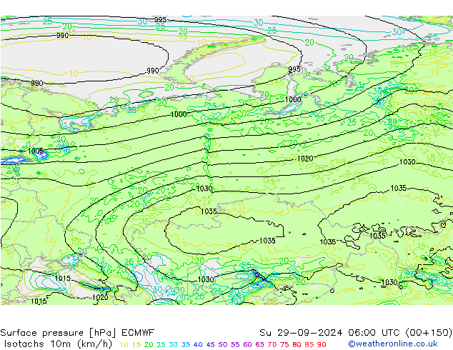 Isotachs (kph) ECMWF Su 29.09.2024 06 UTC