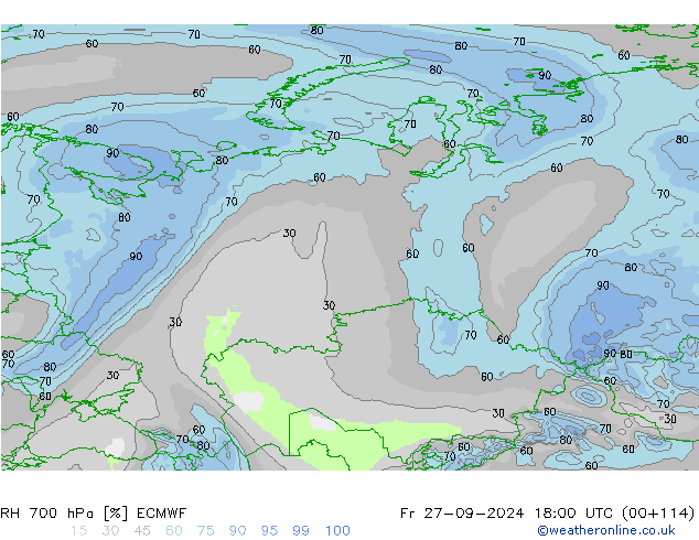 RH 700 hPa ECMWF Fr 27.09.2024 18 UTC