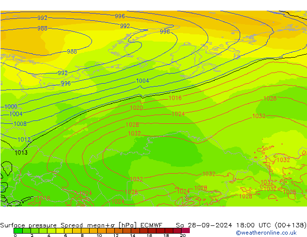 Surface pressure Spread ECMWF Sa 28.09.2024 18 UTC