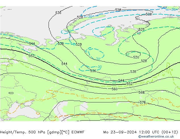 Height/Temp. 500 hPa ECMWF Mo 23.09.2024 12 UTC